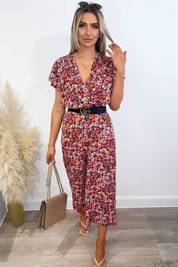 Red Abstract Wrap Over Jumpsuit