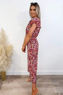 Red Abstract Wrap Over Jumpsuit