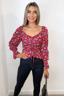 Red And Blue Floral Elasticated Tie Crop Top