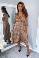 Red Animal Print Tie Side Wrap Over Midi Dress