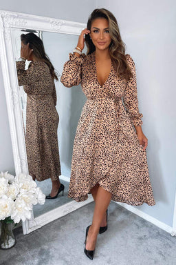 Red Animal Print Tie Side Wrap Over Midi Dress