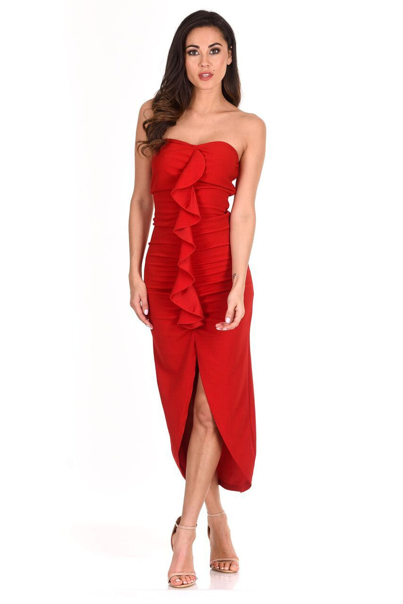 Red Bardot Frill Detail Midi Dress