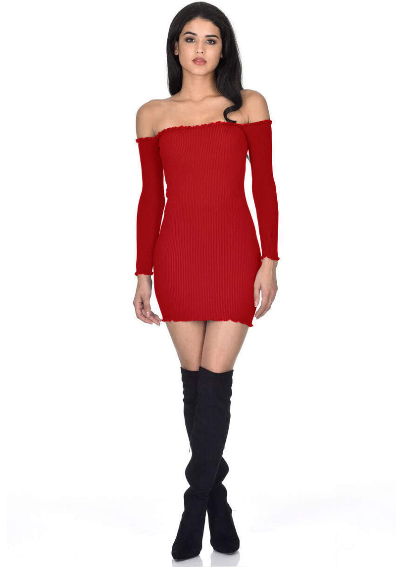 Red Bardot Ruffle Detail Knit Dress AX Paris Red Bardot Ruffle Detail Knit Dress AX Paris