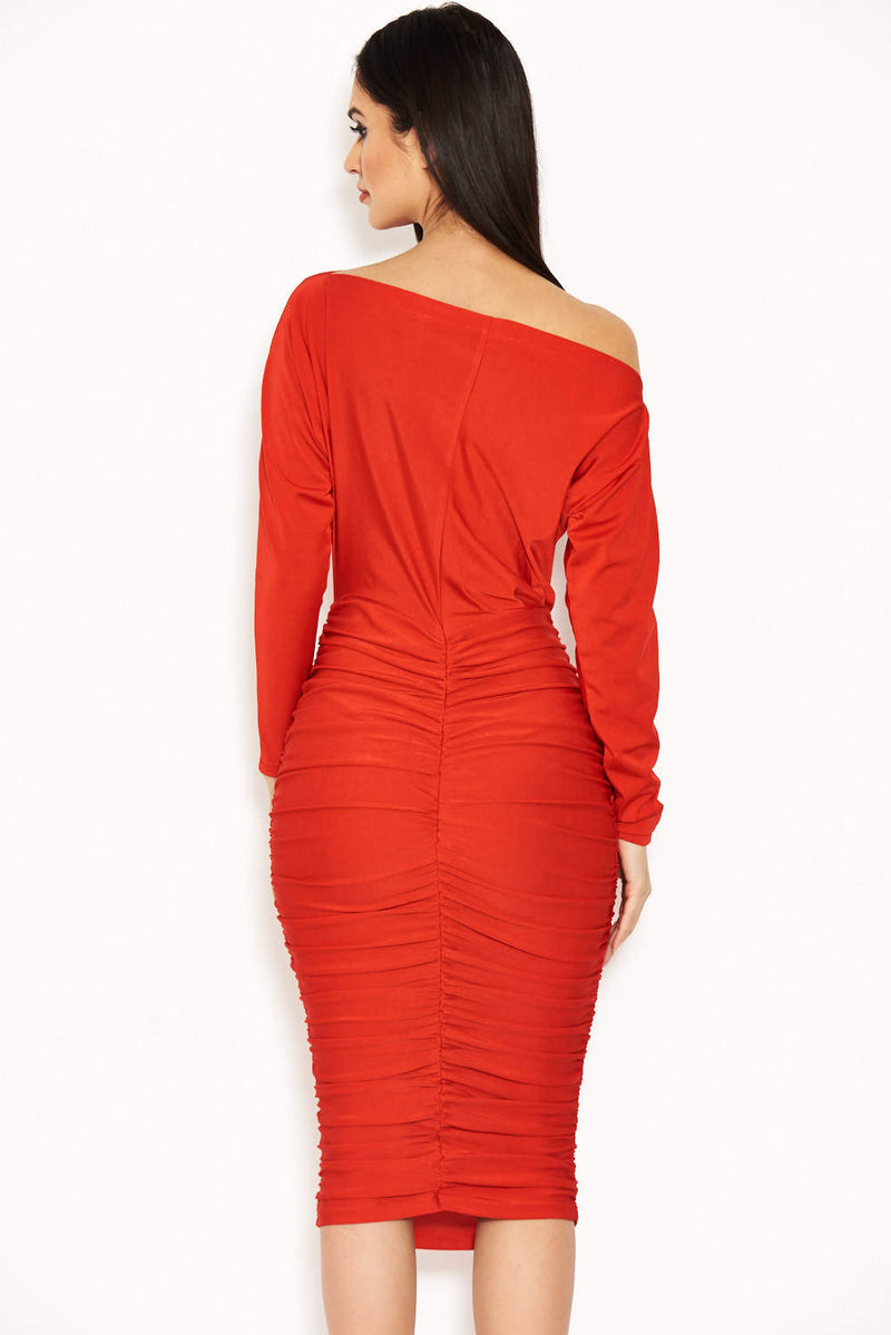 Red Boat Neck Dress With Ruched Detail