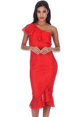 Red Bodycon Frill One Shoulder Midi Dress