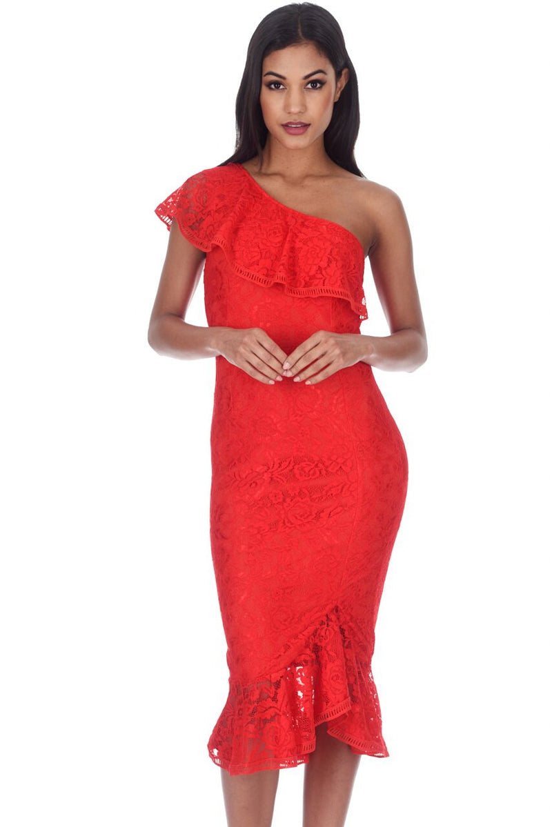 Red Bodycon Frill One Shoulder Midi Dress