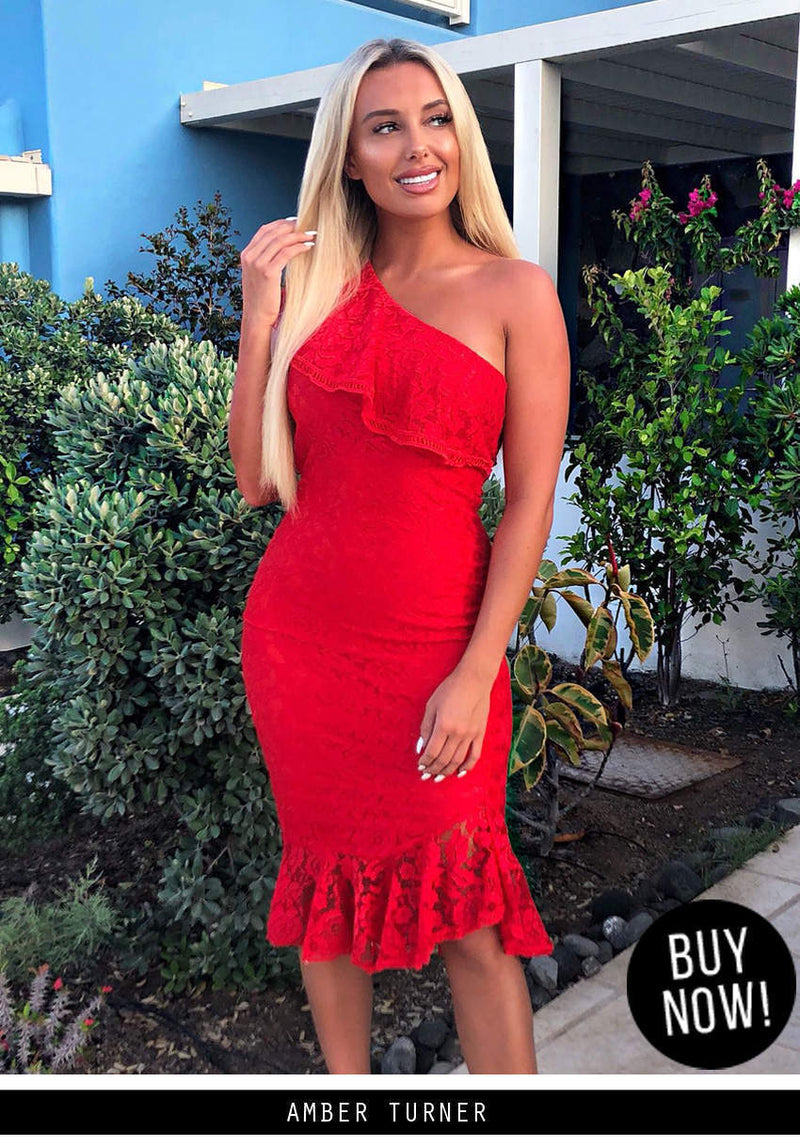 Red one shoulder frill dress hotsell