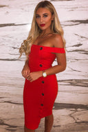 Red Button Front Bardot Dress