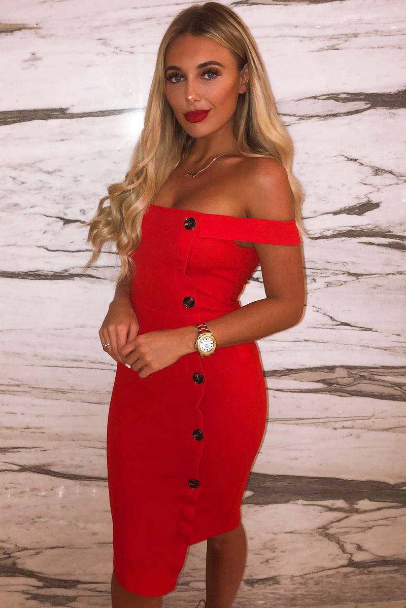 Red Button Front Bardot Dress