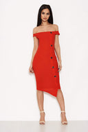 Red Button Front Bardot Dress