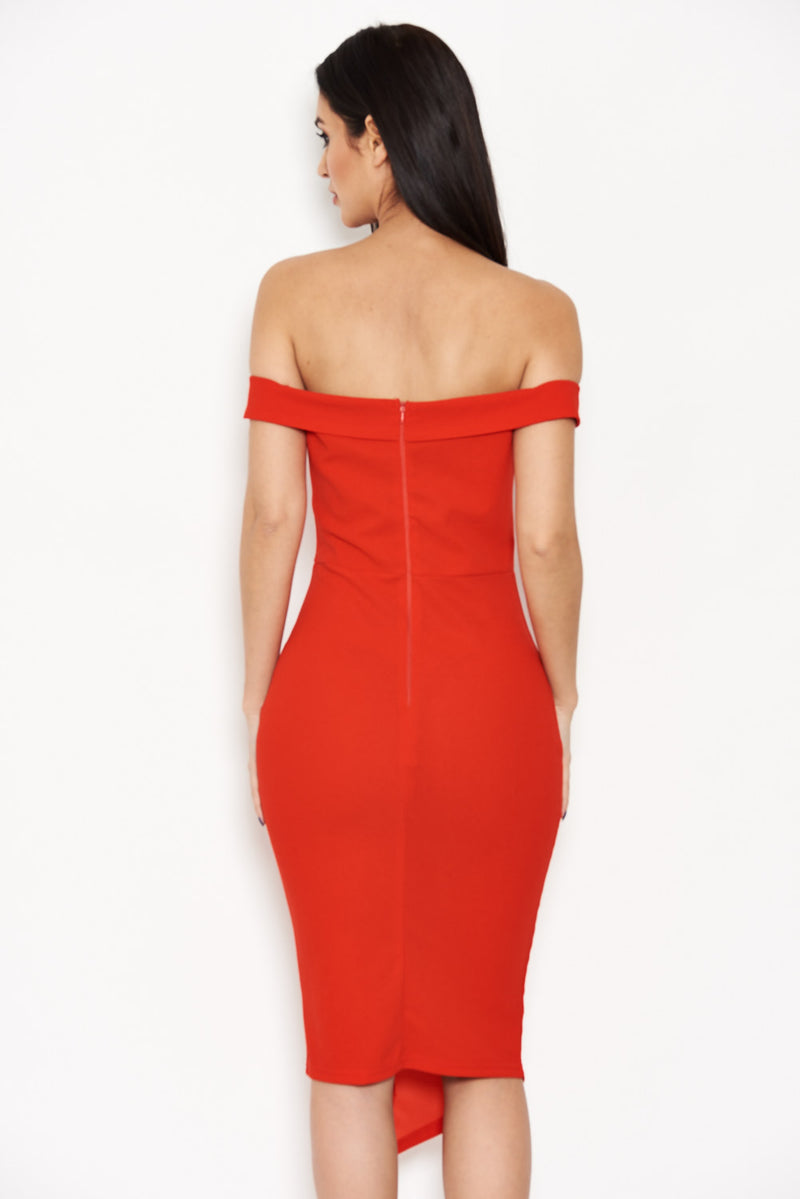 Red Button Front Bardot Dress