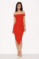 Red Button Front Bardot Dress