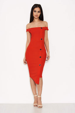 Red Button Front Bardot Dress