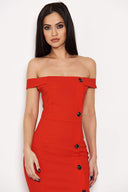 Red Button Front Bardot Dress