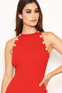 Red Button Front High Neck Dress