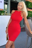 Red Button Front High Neck Dress
