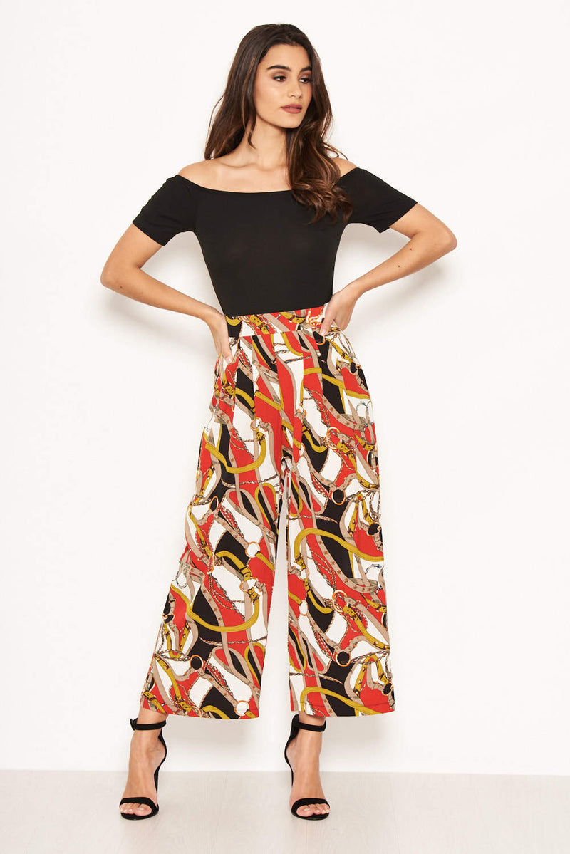 Red Chain Print Bardot Jumpsuit