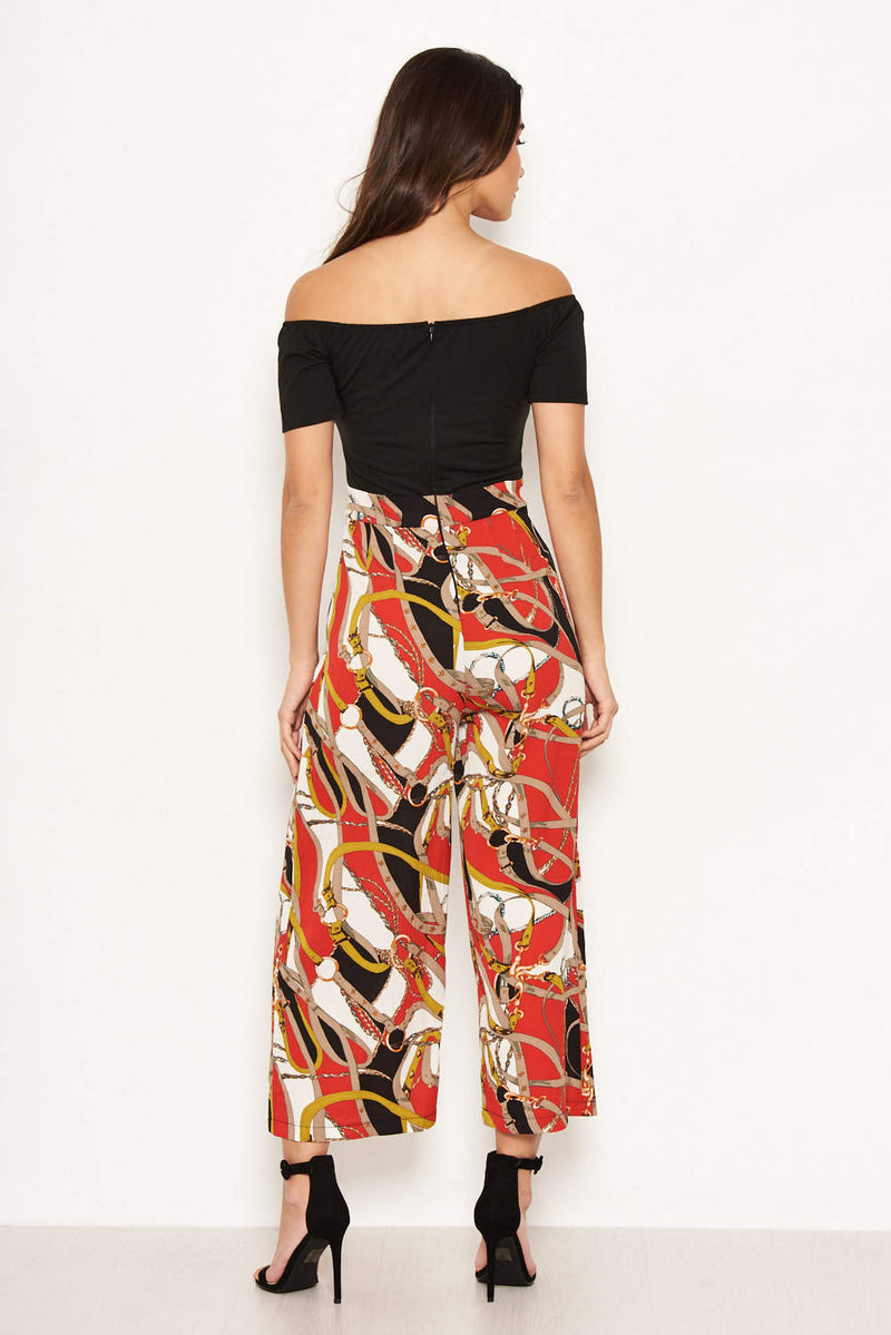 Red Chain Print Bardot Jumpsuit