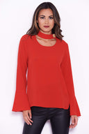 Red Choker Top With Ruffle Sleeves