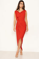 Red Cowl Neck Ruched Maxi Dress