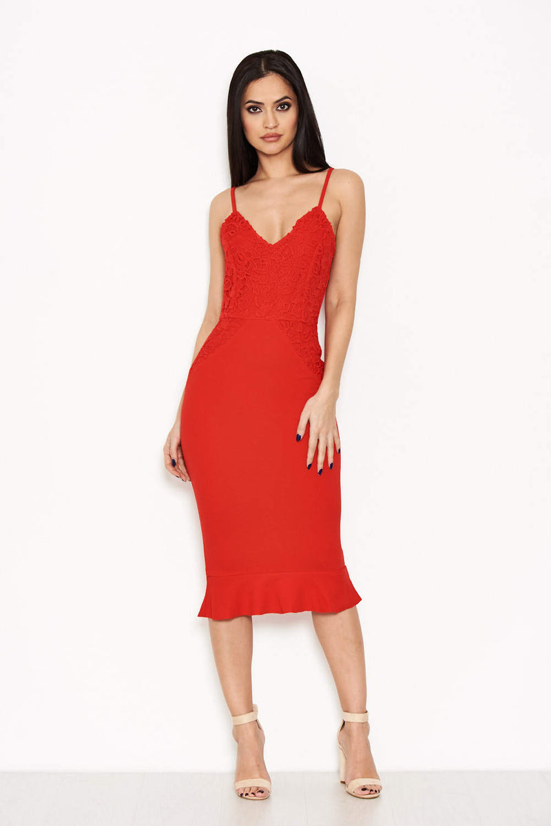 Red Crochet Embroidered Bodycon Dress