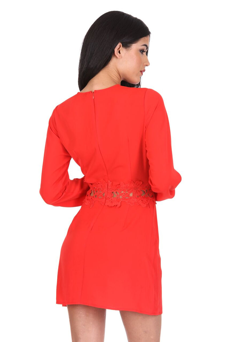 Red Crochet Waist Long Sleeved Dress