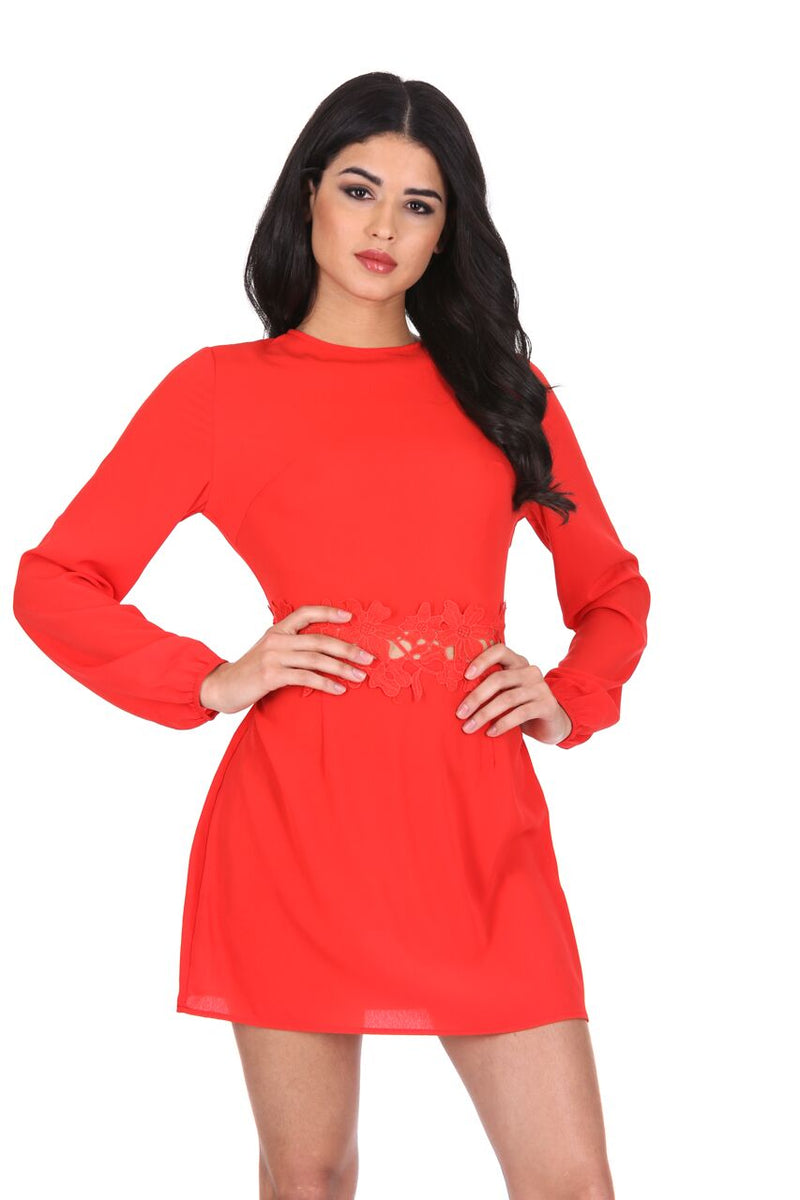 Red Crochet Waist Long Sleeved Dress AX Paris