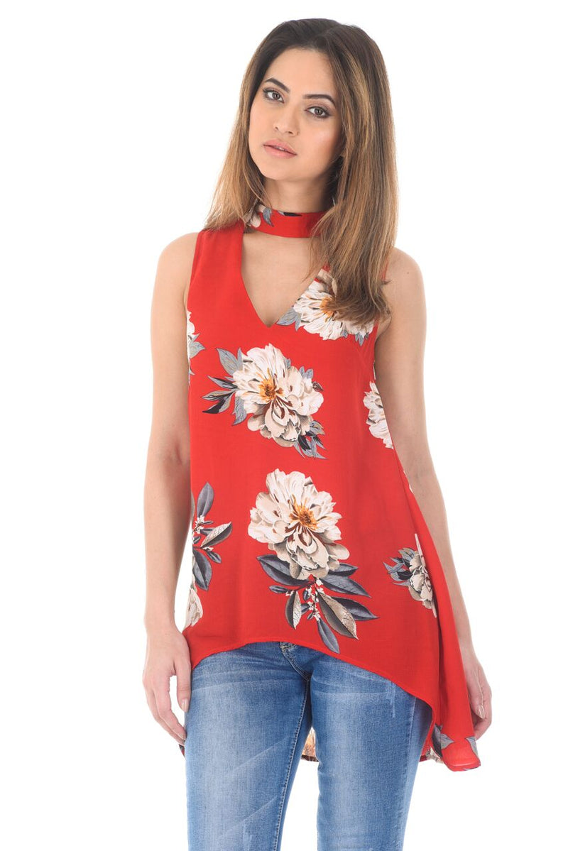 Red Curved Hem Printed Choker Top