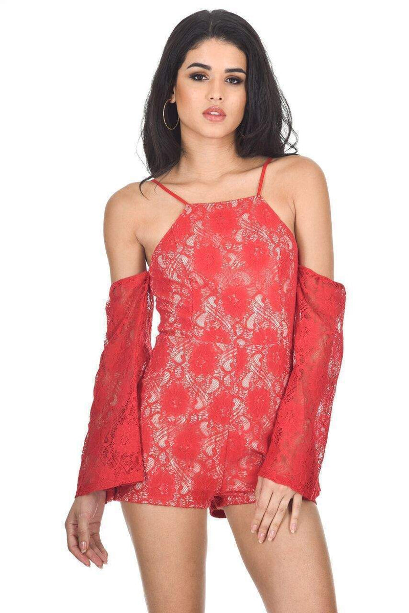 Red Cut Out Shoulder Lace Contrast Playsuit