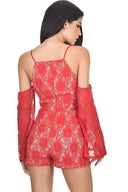 Red Cut Out Shoulder Lace Contrast Playsuit