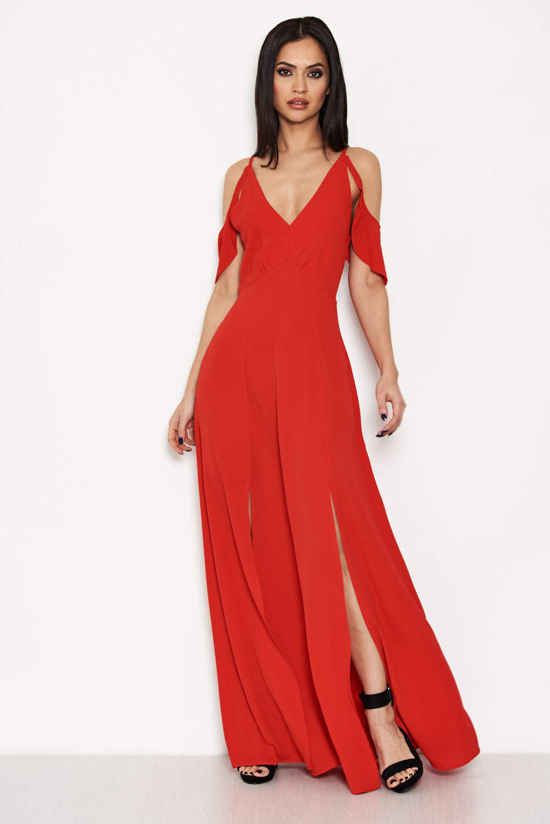 Red Cut Out Shoulder Maxi Dress