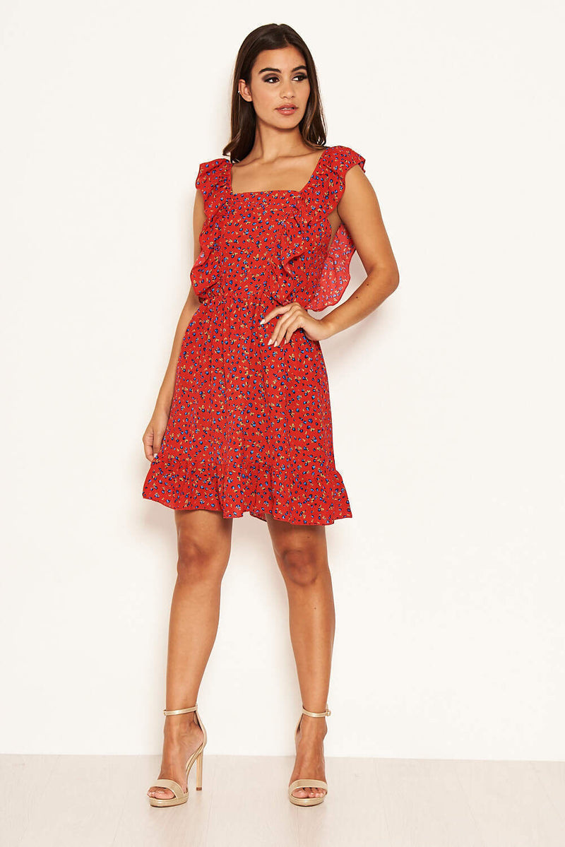 Red Ditsy Floral Square Neck Frill Dress