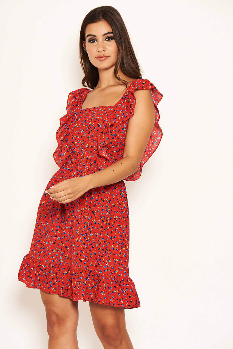 Red Ditsy Floral Square Neck Frill Dress