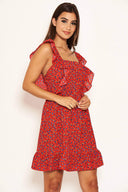 Red Ditsy Floral Square Neck Frill Dress