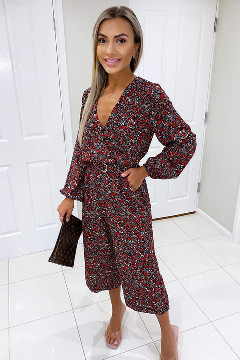 Red Ditsy Floral Wrap Over Jumpsuit