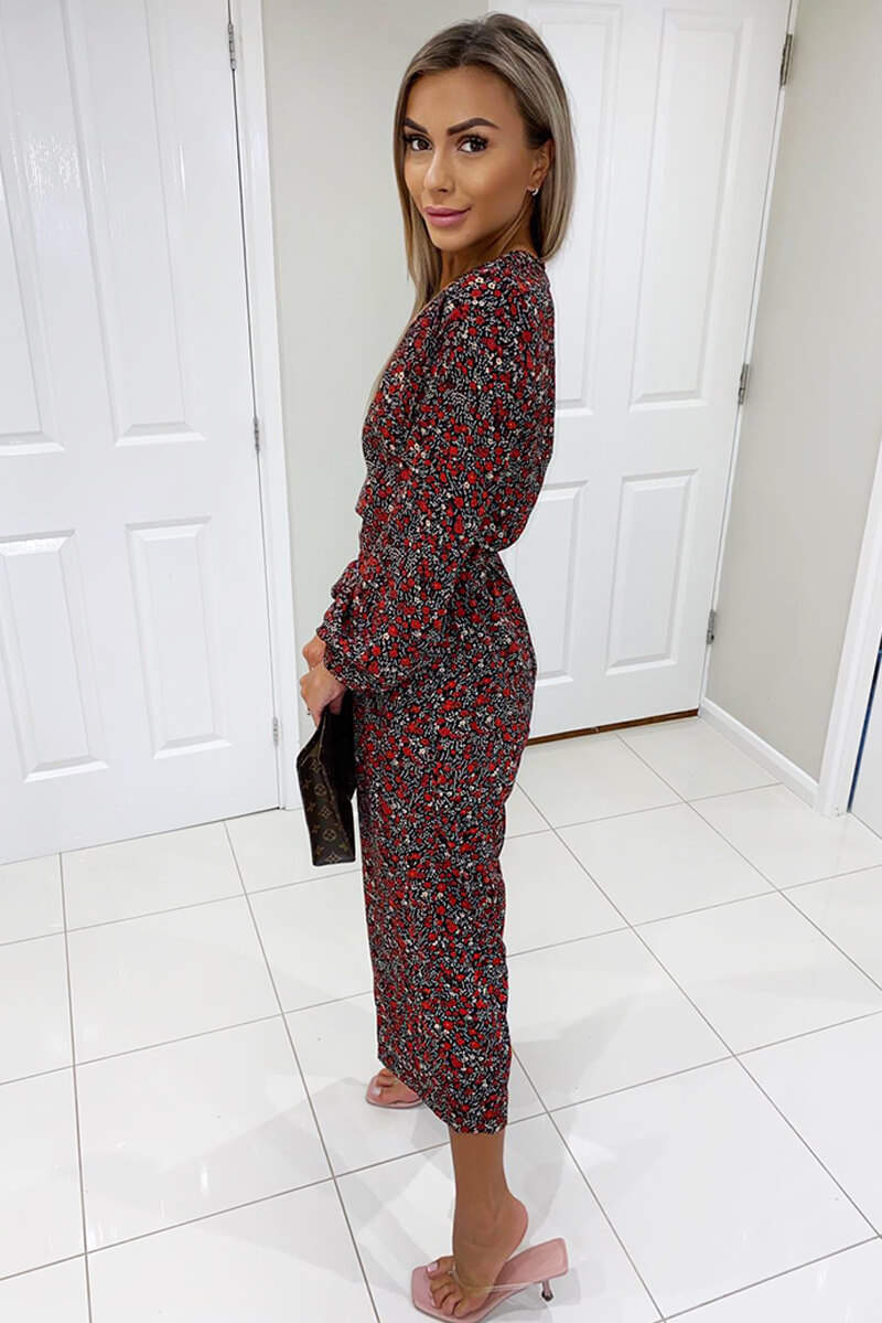 Red Ditsy Floral Wrap Over Jumpsuit