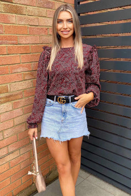 Red Ditsy Frill Shoulder Blouse