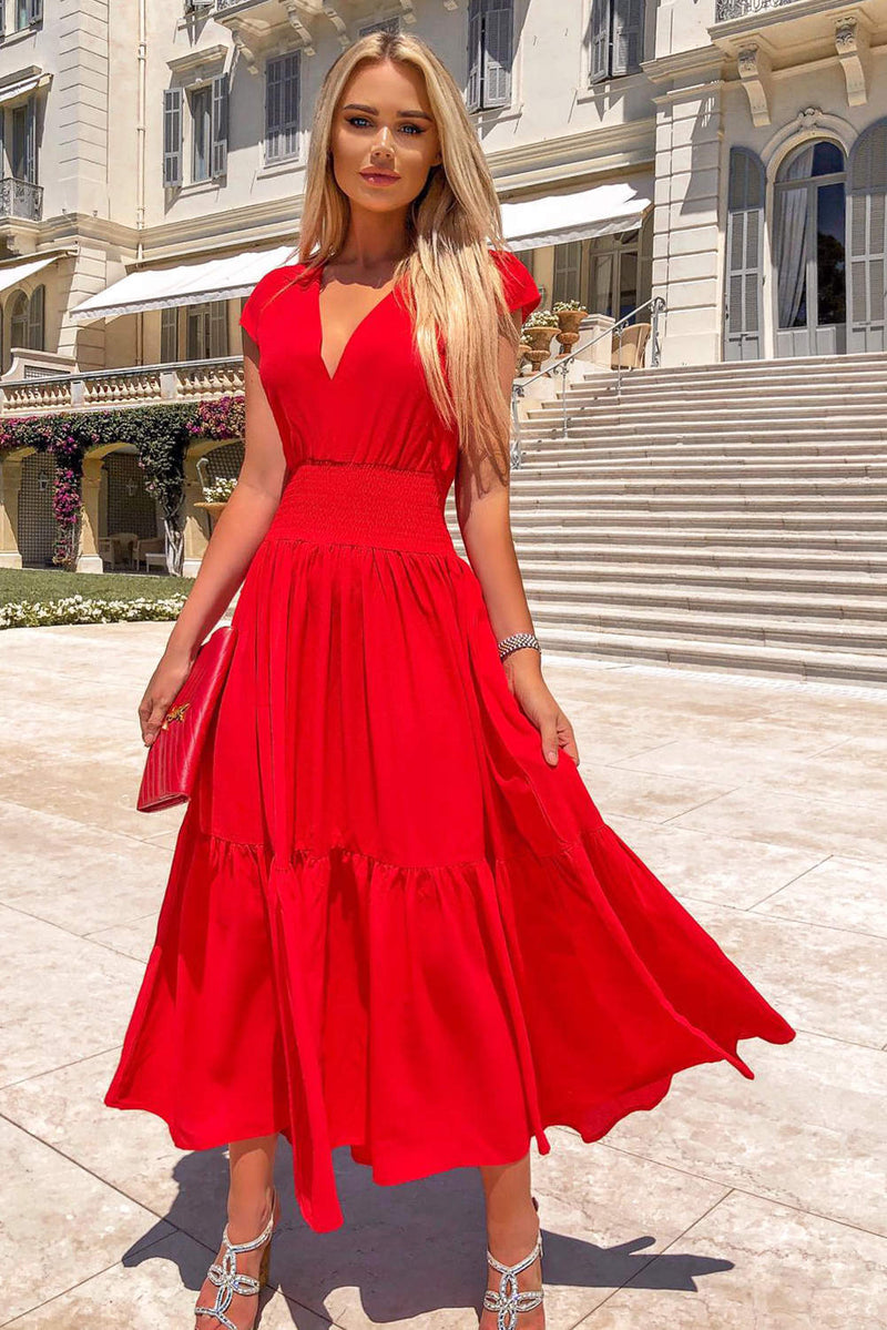 Red Elastic Waist Maxi Dress