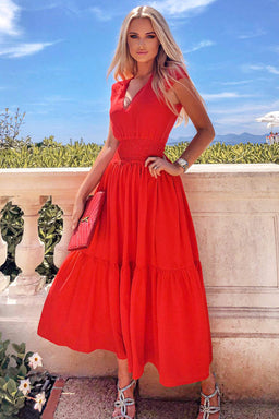 Red Elastic Waist Maxi Dress
