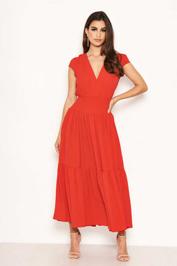 Red Elastic Waist Maxi Dress