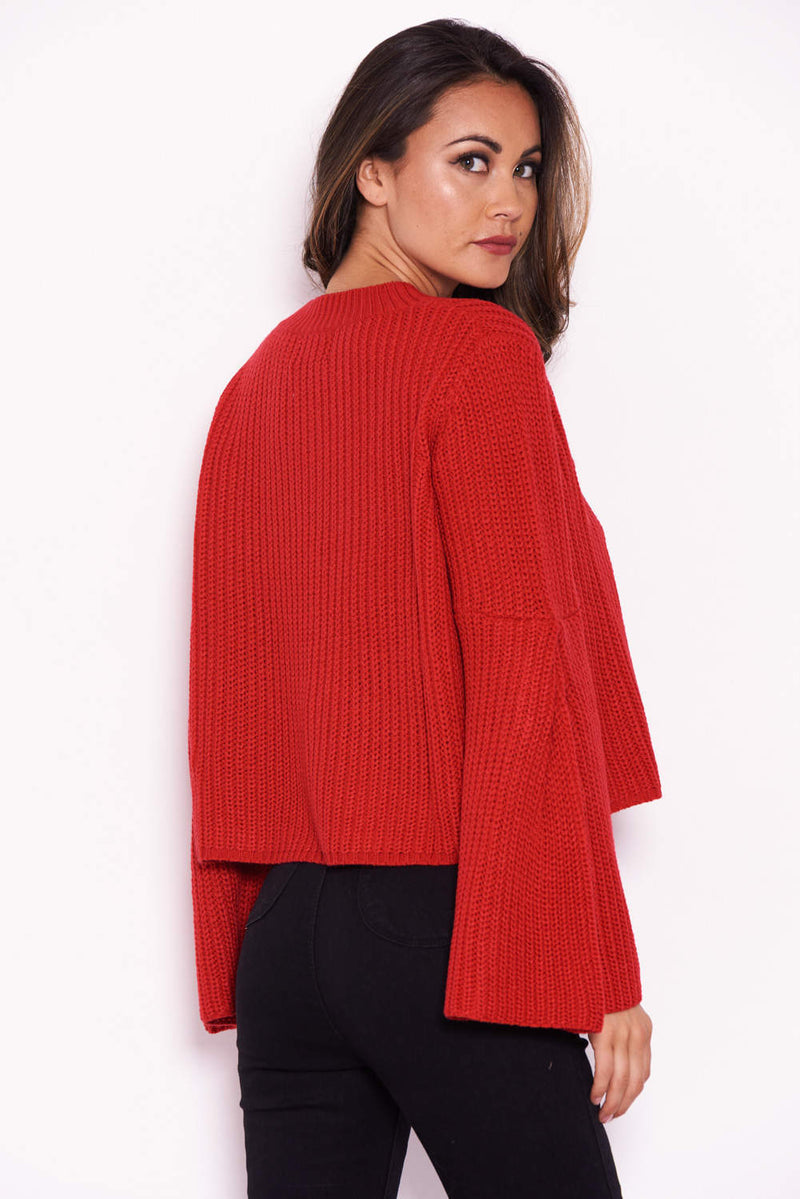 Red Flare Sleeve Knitted Jumper