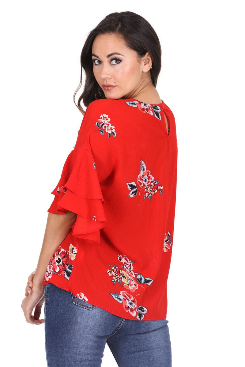 Red Floral Flare Sleeved Top