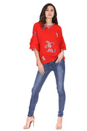 Red Floral Flare Sleeved Top