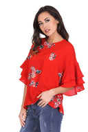 Red Floral Flare Sleeved Top