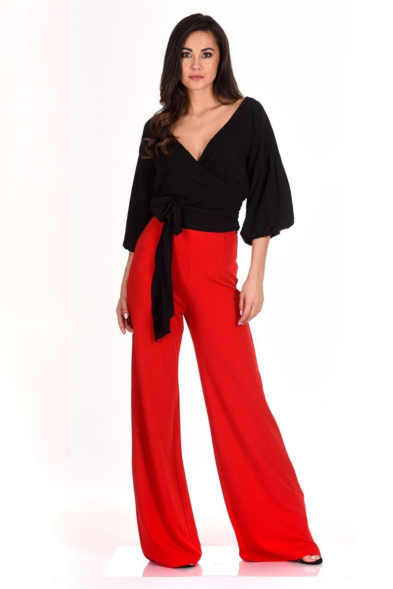 Red Flared High Waisted Trousers