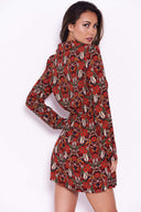 Red Floral Button Up Front Swing Dress