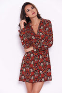 Red Floral Button Up Front Swing Dress