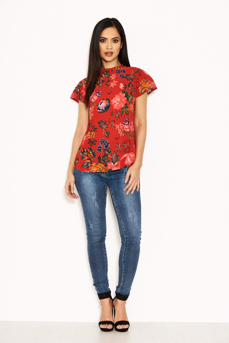 Red Floral High Neck Frill Top