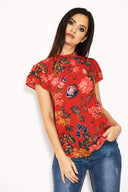 Red Floral High Neck Frill Top