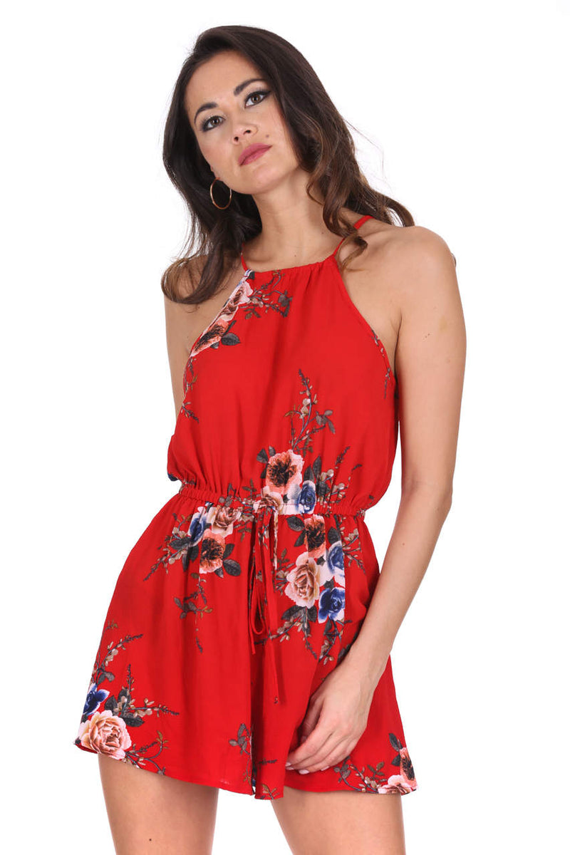 Red Floral High Neck Playsuit